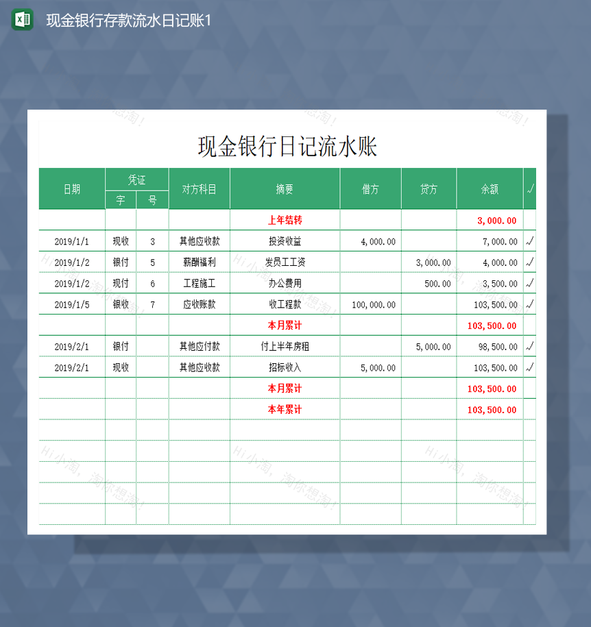 银行资金投资收入现金收支流水账表Excel模板-1
