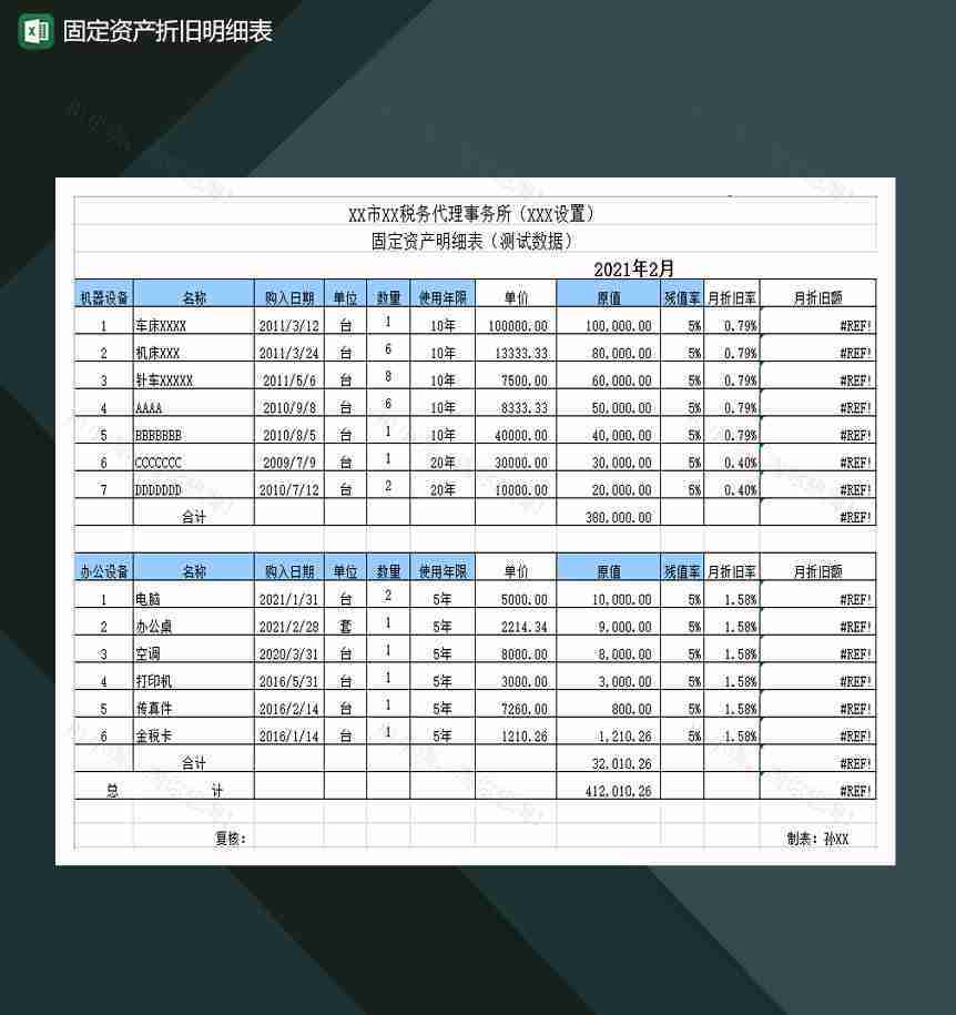 固定资产公式计算折旧明细表Excel模板-1