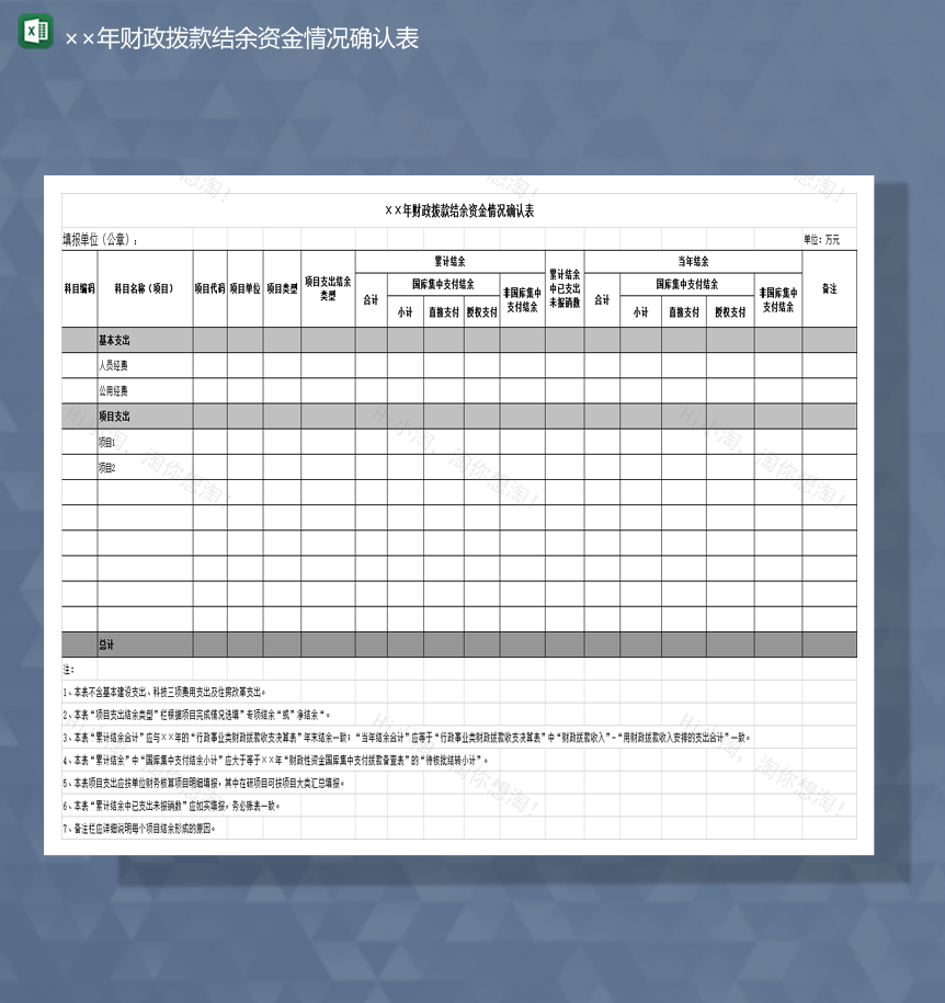 2020年财政拨款结余资金情况确认表Excel模板-1