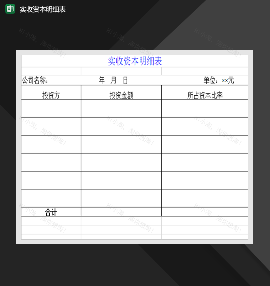 实收资本明细表收支财务Excel模板-1