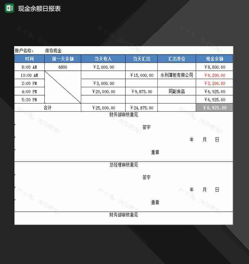 财务会计日常出纳现金余额日报表Excel模板-1