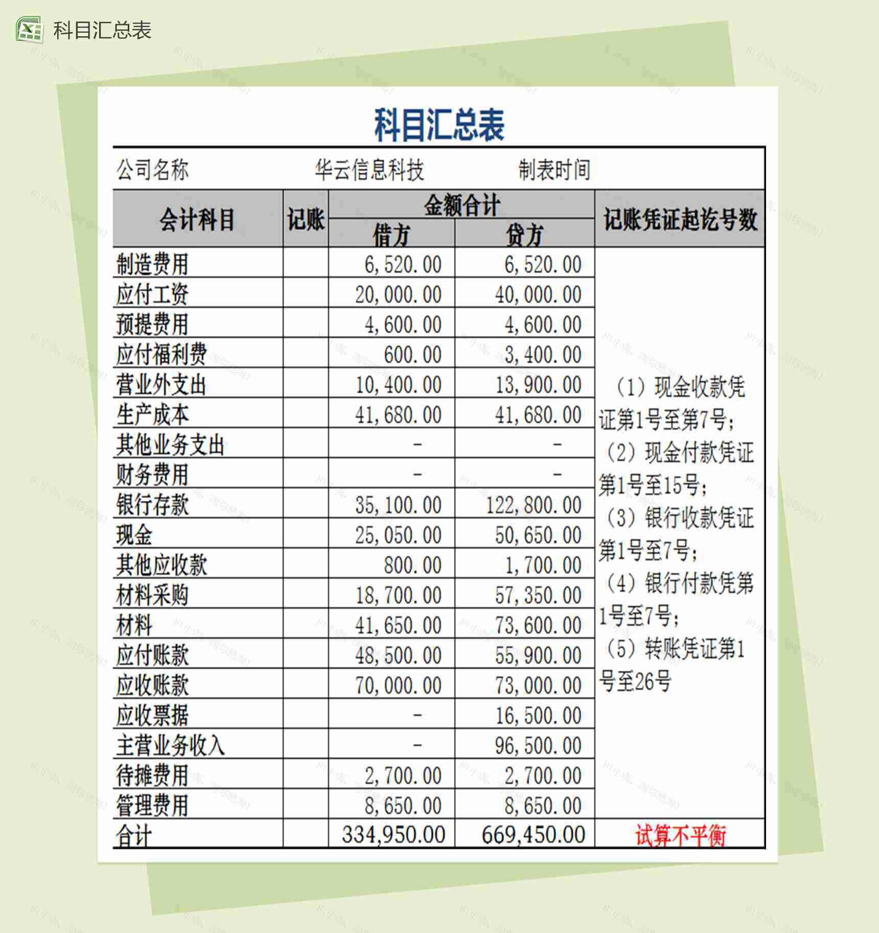 科目汇总表格Excel模板-1