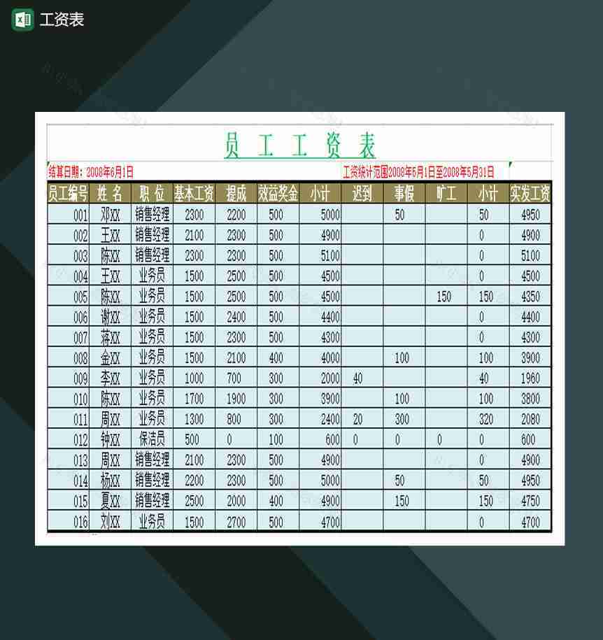 2020员工工资月报表工资明细报表Excel模板-1