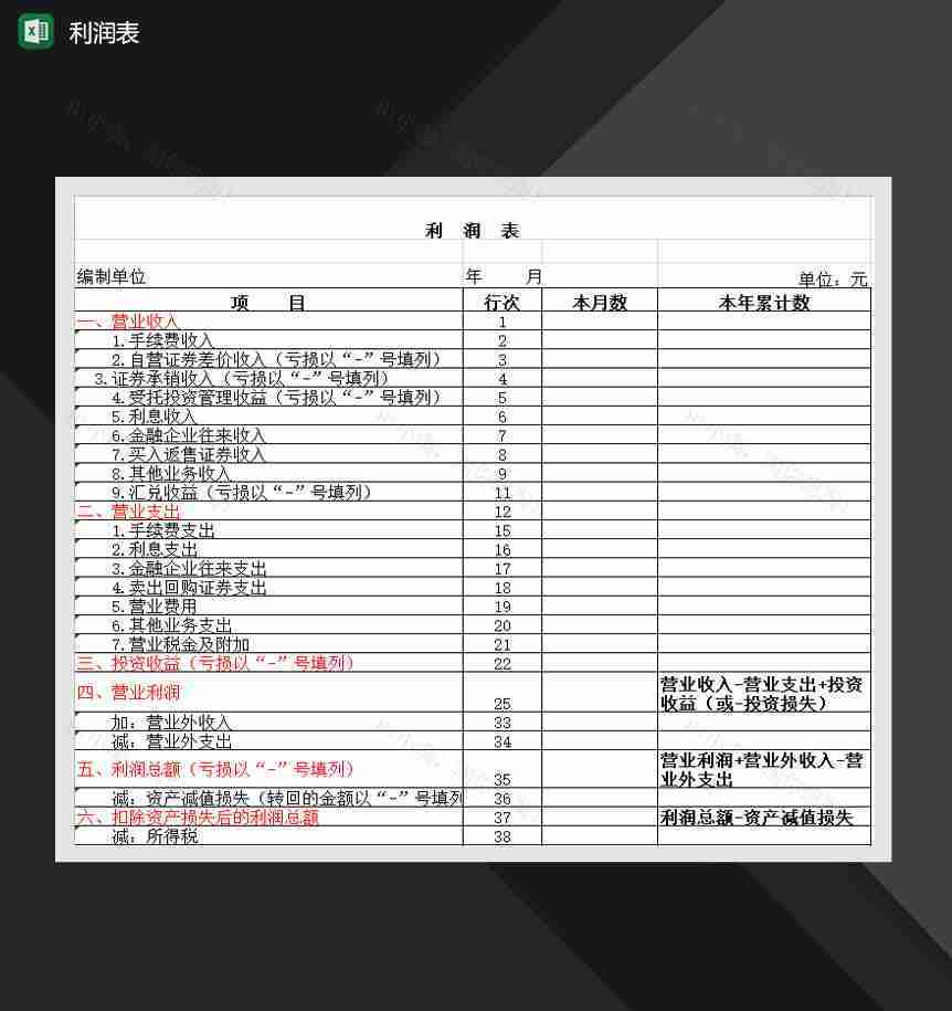 营业收入利润财务报表Excel模板-1