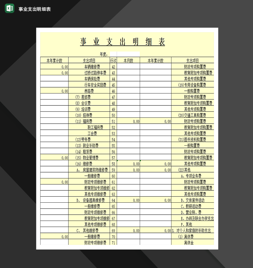 事业支出明细表财务收支统计表格Excel模板