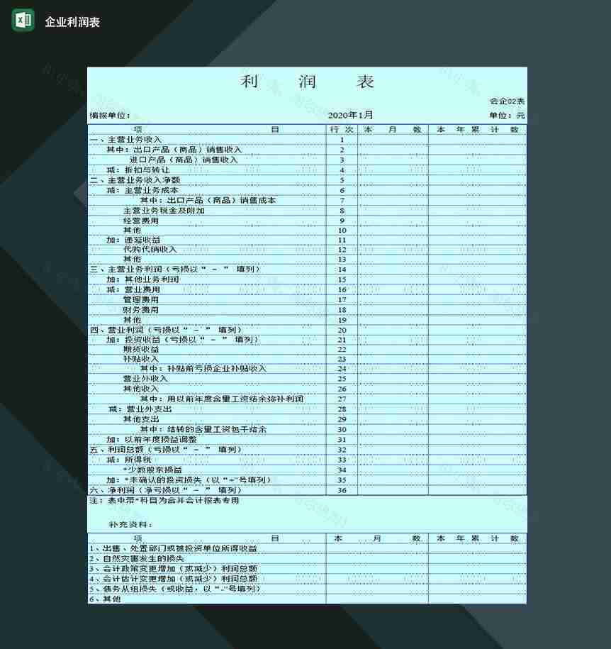 企业公司年度营业利润表编制和填写Excel模板-1