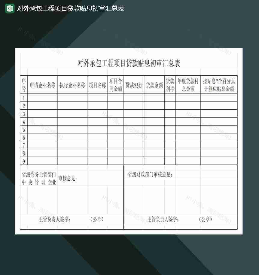 对外承包工程项目贷款贴息初审汇总表Excel模板-1