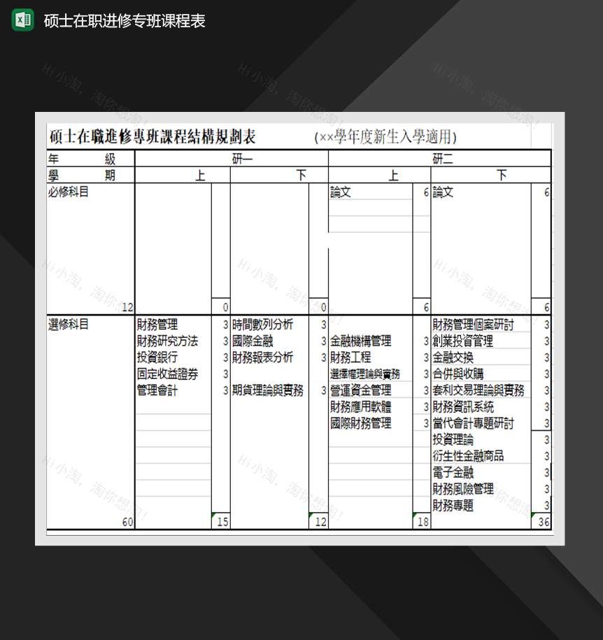 硕士在职进修专班课程结构规划表课程表制作必备Excel模板-1