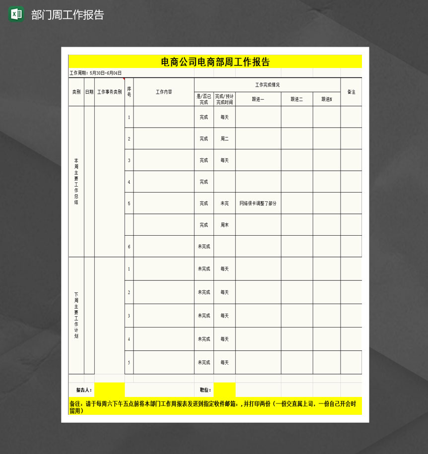 电商公司员工周工作报告Excel模版