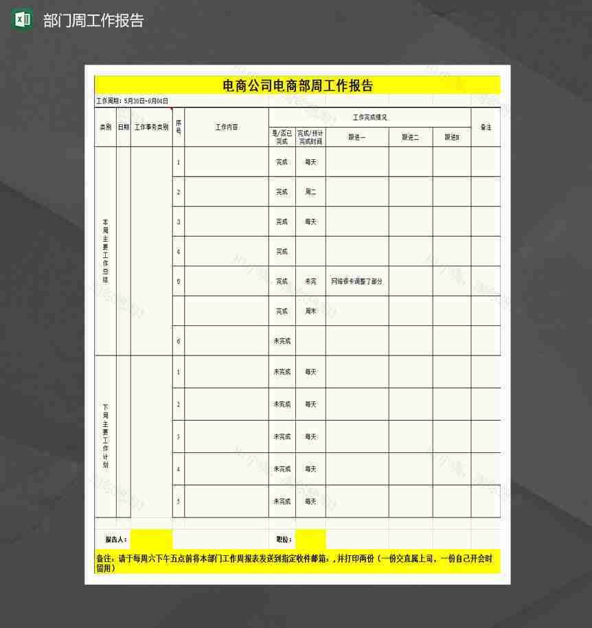电商公司员工周工作报告Excel模版-1