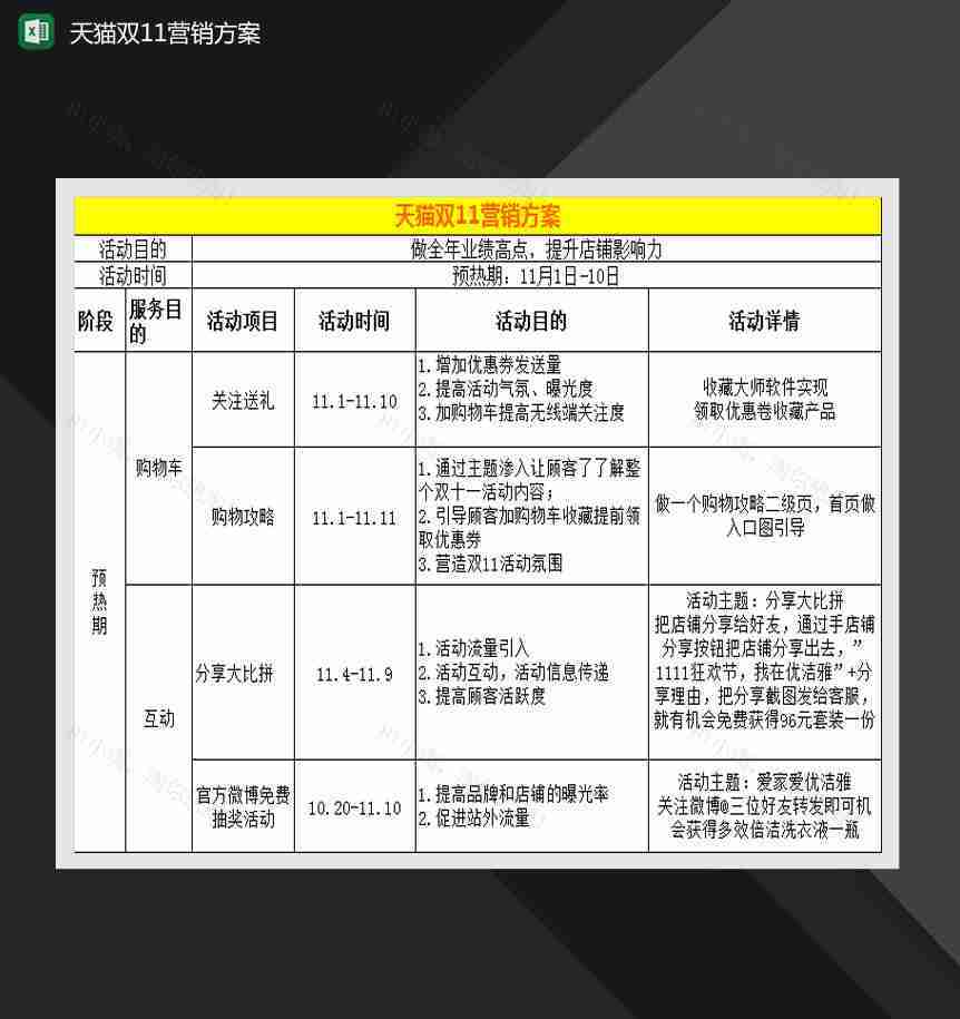 天猫双11活动营销方案Excel模板-1