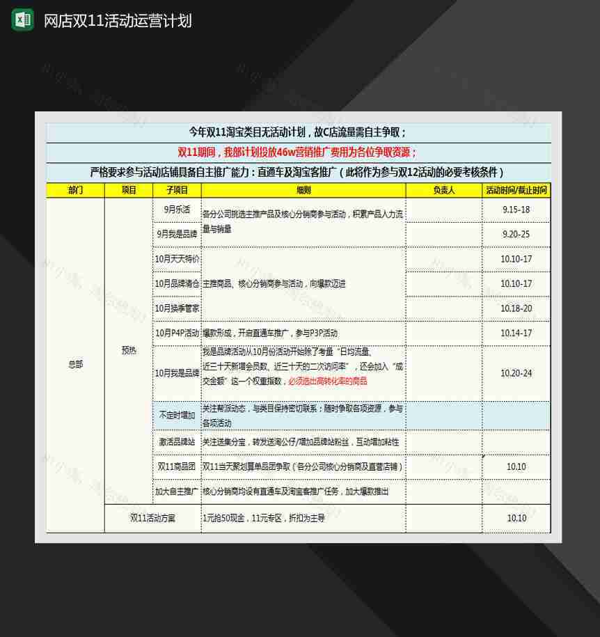 网店双11活动运营计划表Excel模板-1