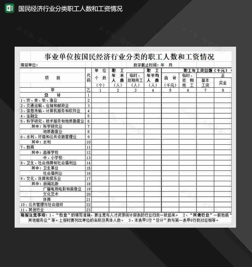 国民经济行业分类职工人数和工资情况Excel模板-1