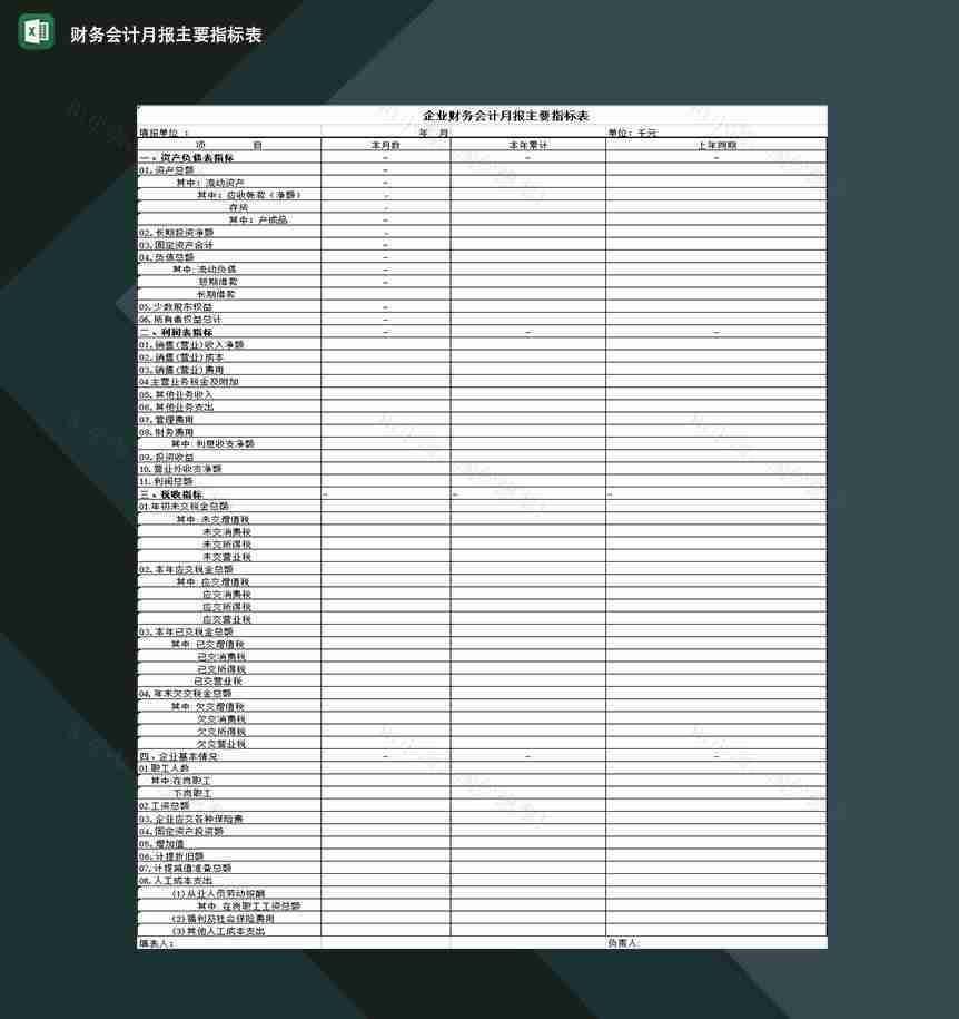 企业公司财务会计月报主要指标表格Excel模板-1