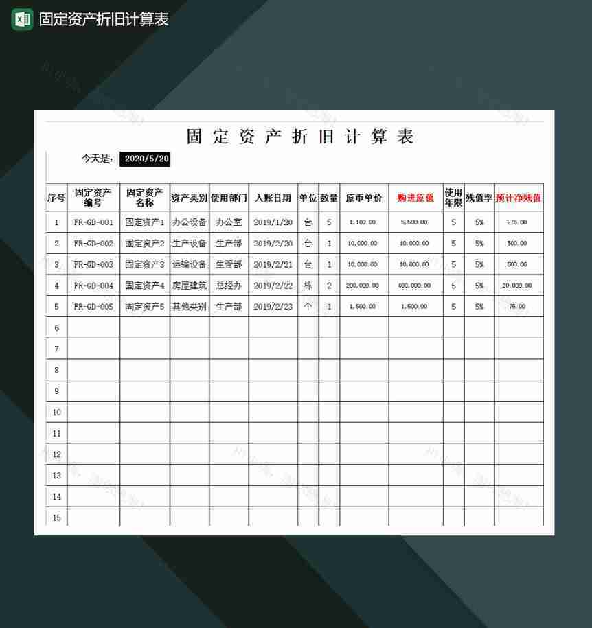 固定资产折旧公式自动计算表Excel模板-1