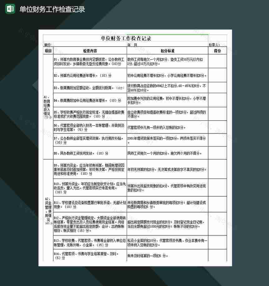 单位财务工作检查记录Excel模板-1