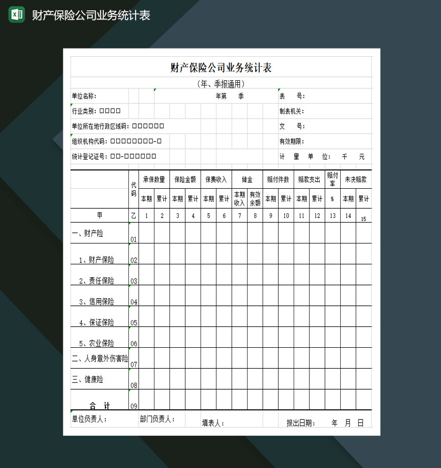 财产保险公司业务统计表Excel模板