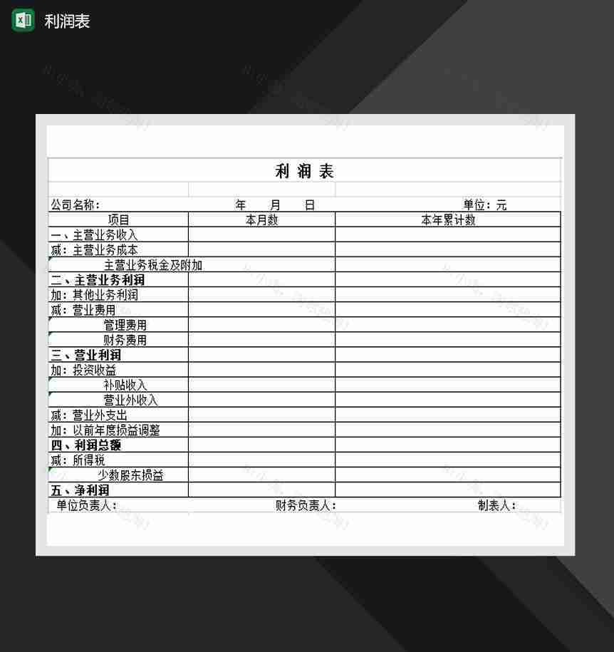 公司主营业务利润报表Excel模板-1