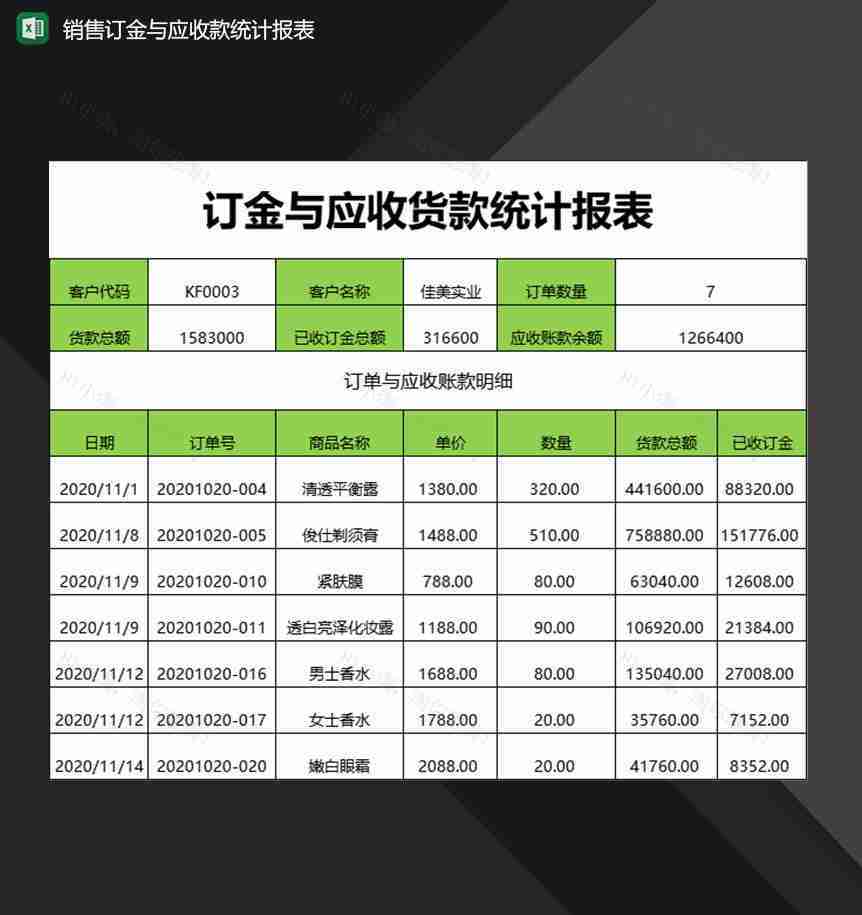 产品销售订金与应收款统计报表Excel模板-1