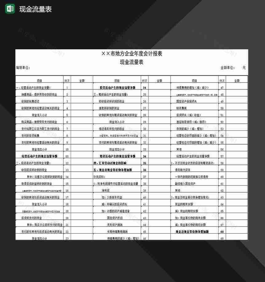 XX市地方企业年度会计表现金流量表Excel模板-1