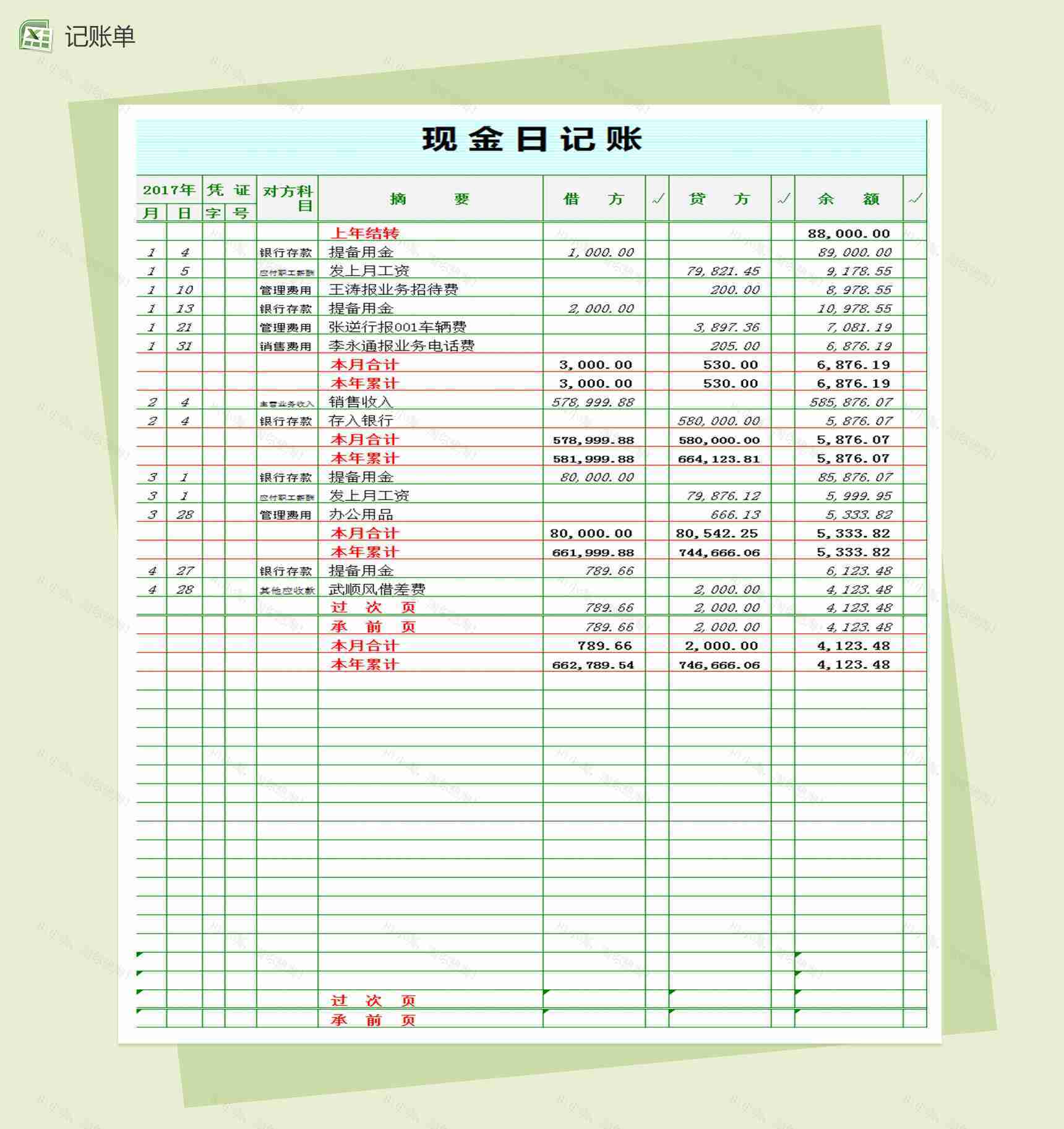 现金日记账表Excel模板-1