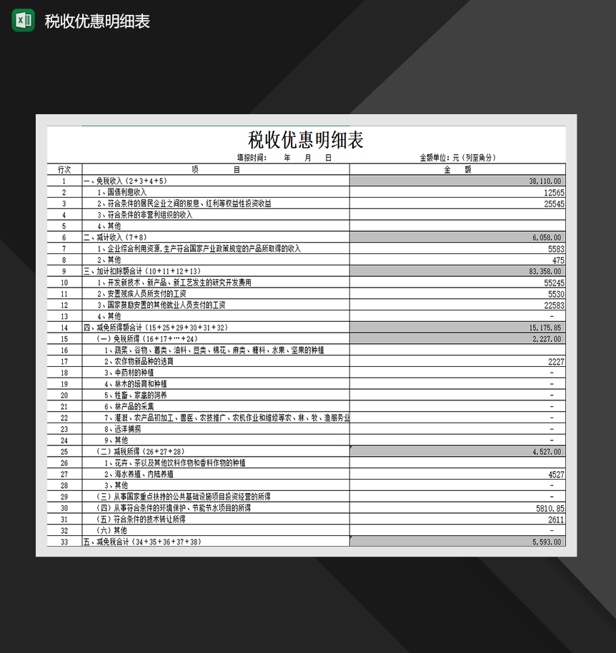 企业税收优惠明细表财务管理表格制作Excel模板