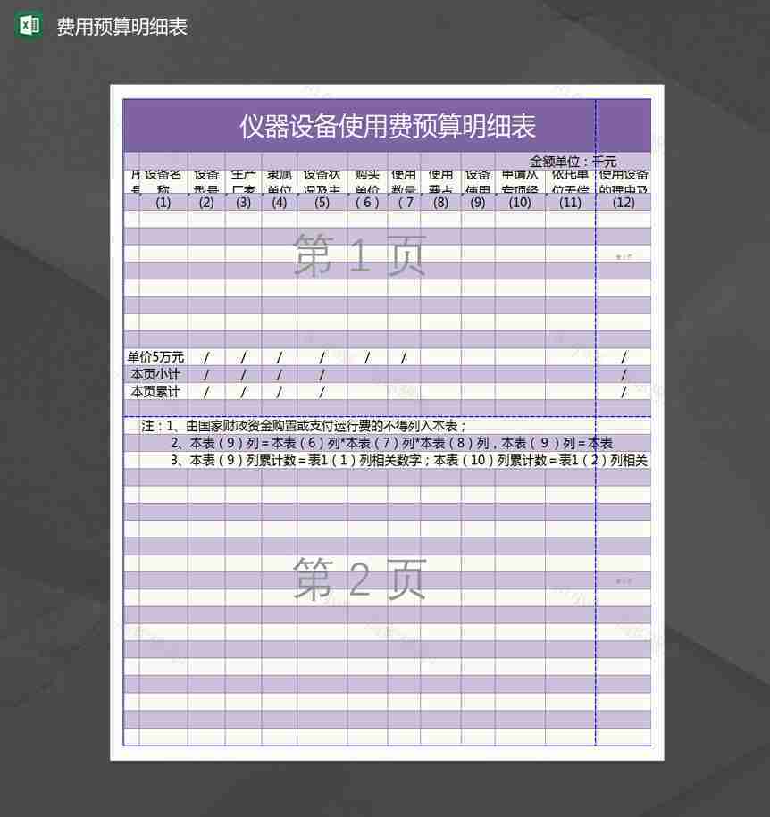 仪器设备使用费预算明细表Excel模板-1