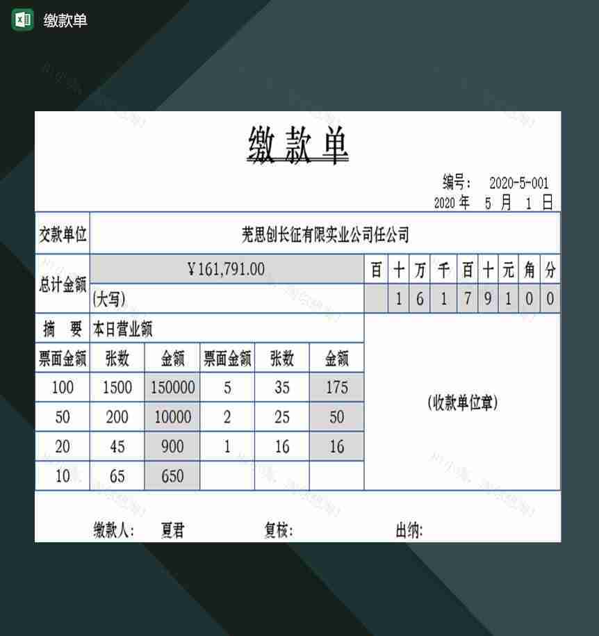 企业单位财务会计部门常用缴款单Excel模板-1