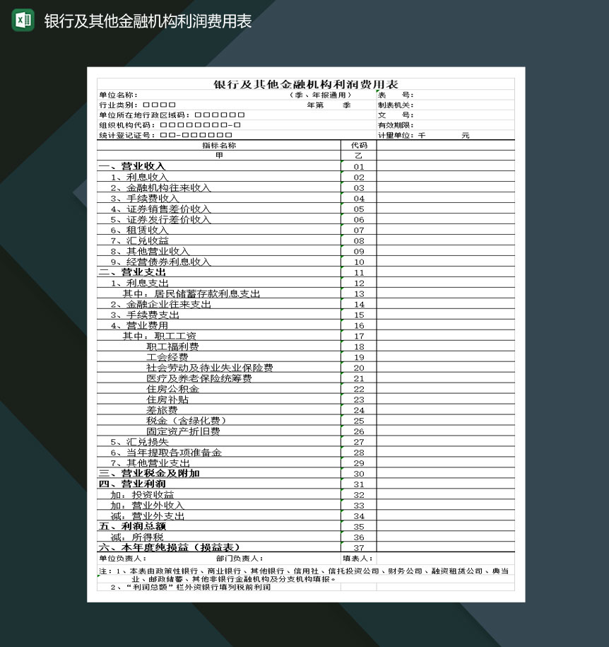 银行及其他金融机构利润费用表Excel模板
