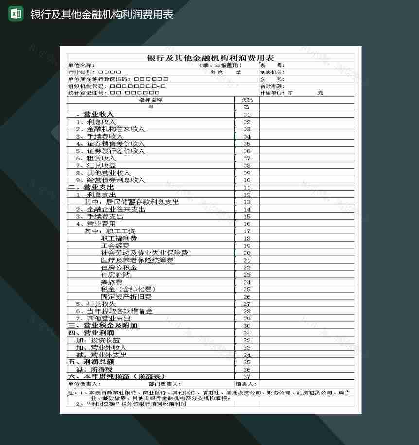 银行及其他金融机构利润费用表Excel模板-1