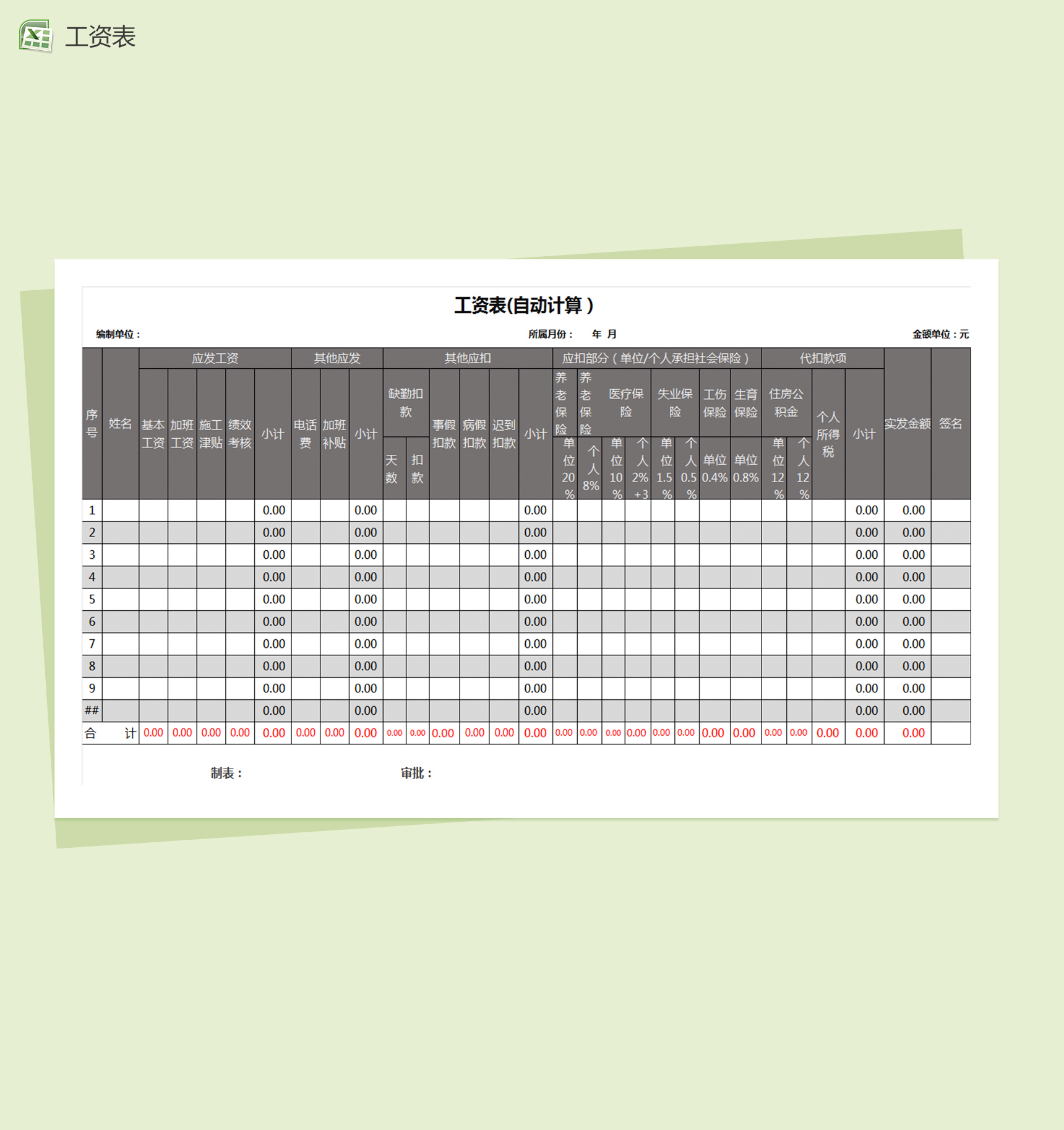 自动计算企业员工工资表excel表格模板