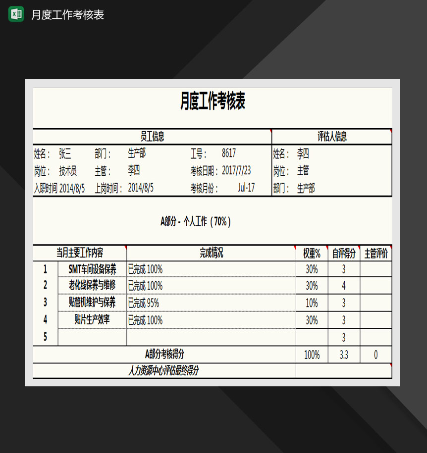 员工月度绩效考核表Excel模板