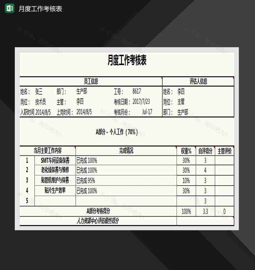 员工月度绩效考核表Excel模板-1