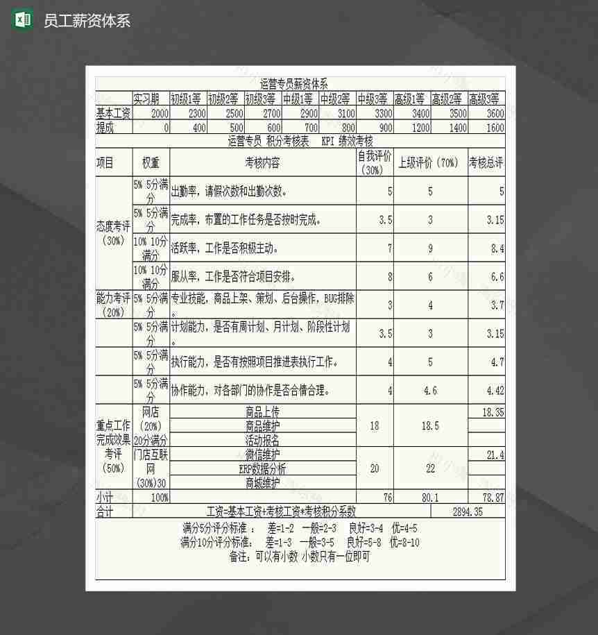 旗舰店运营专员薪资体系Excel模板-1