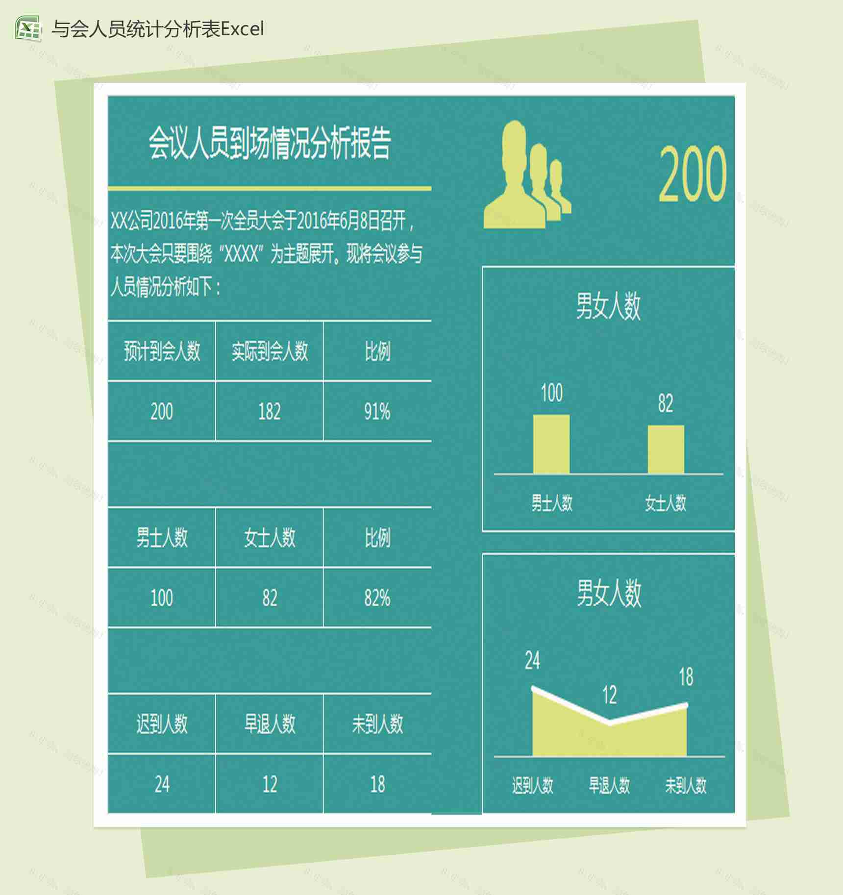 会议人员到场情况分析报告Excel模板-1