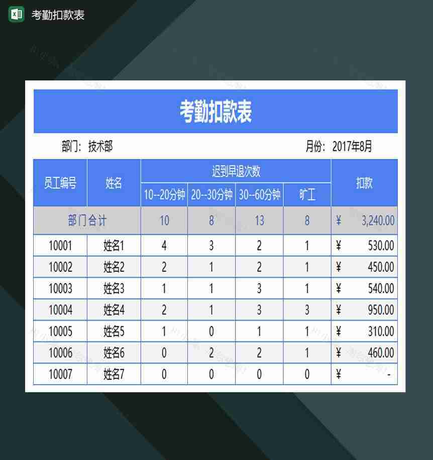 大小型企业员工考勤扣款表Excel模板-1