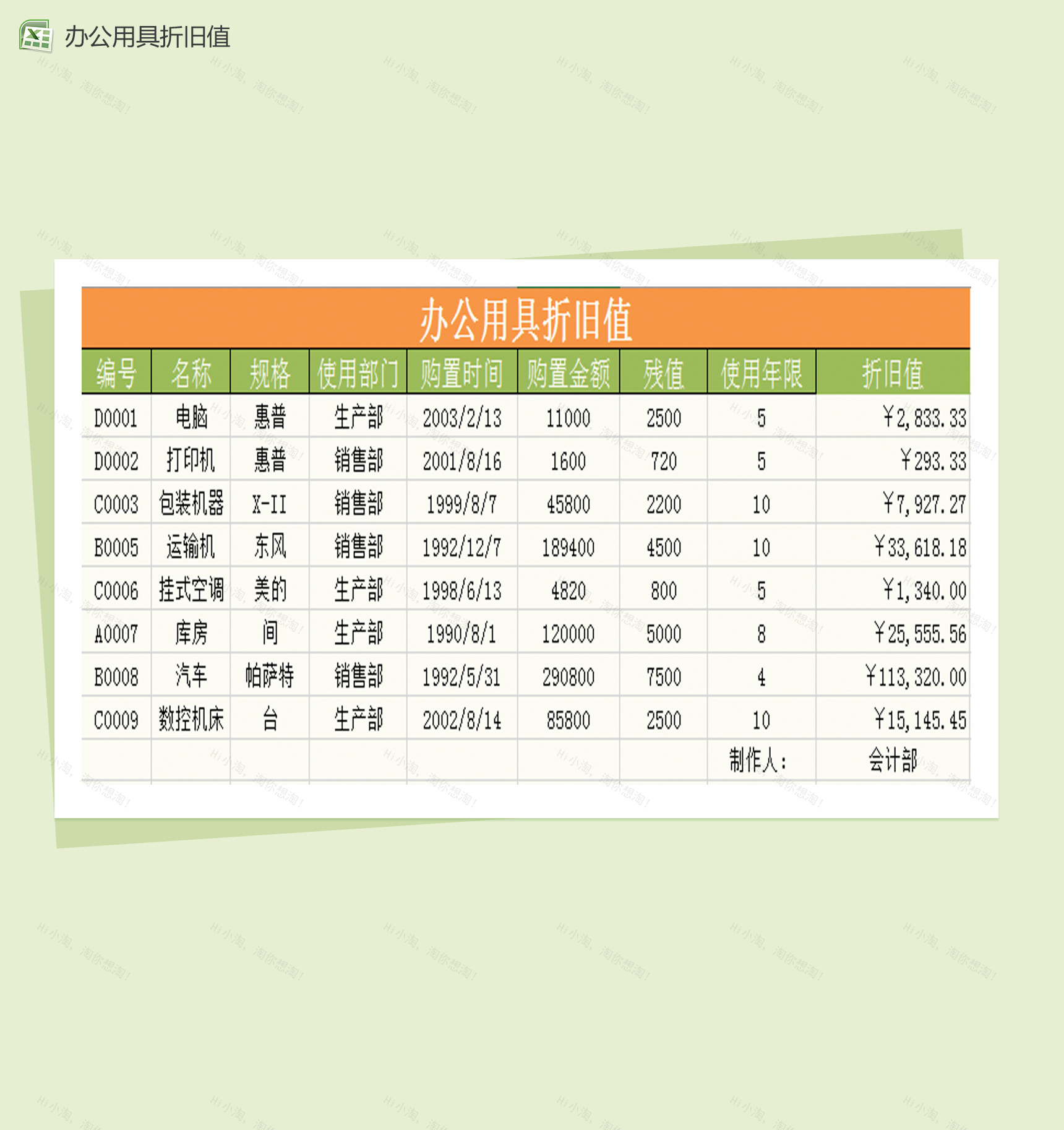办公用具折旧值Excel通用模板-1