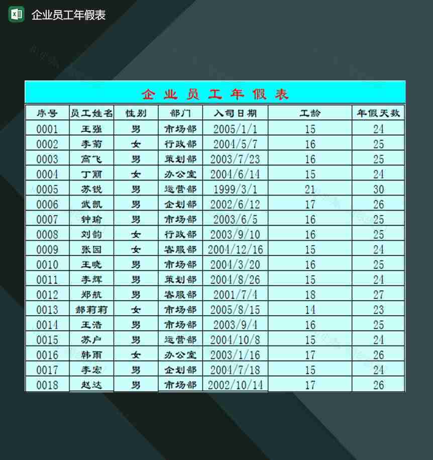 企业行政人员常用员工年假明细登记表Excel模板-1