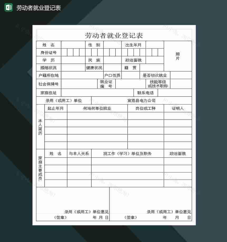 社会劳动者就业登记表Excel模板-1