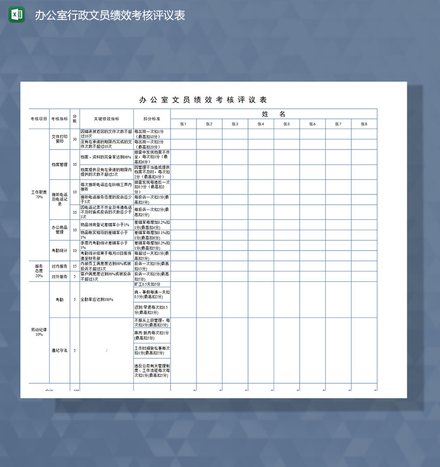办公室行政文员绩效考核评议表Excel模板