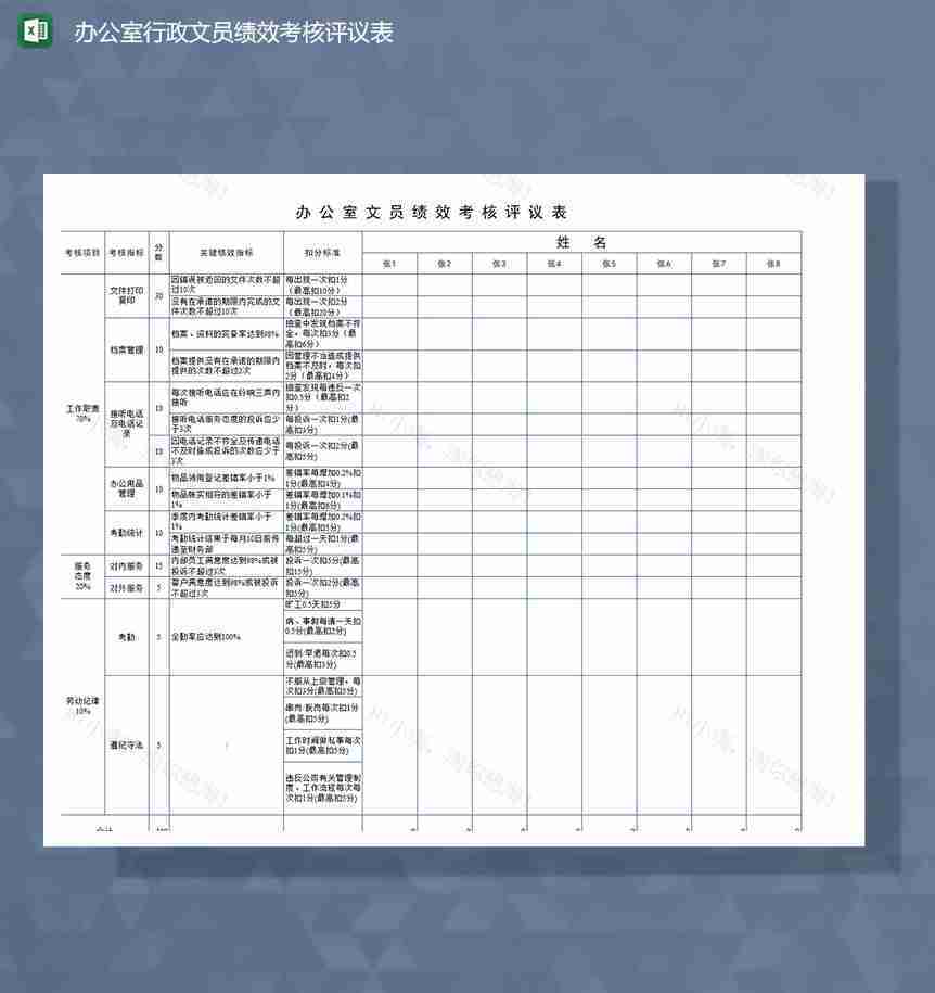 办公室行政文员绩效考核评议表Excel模板-1
