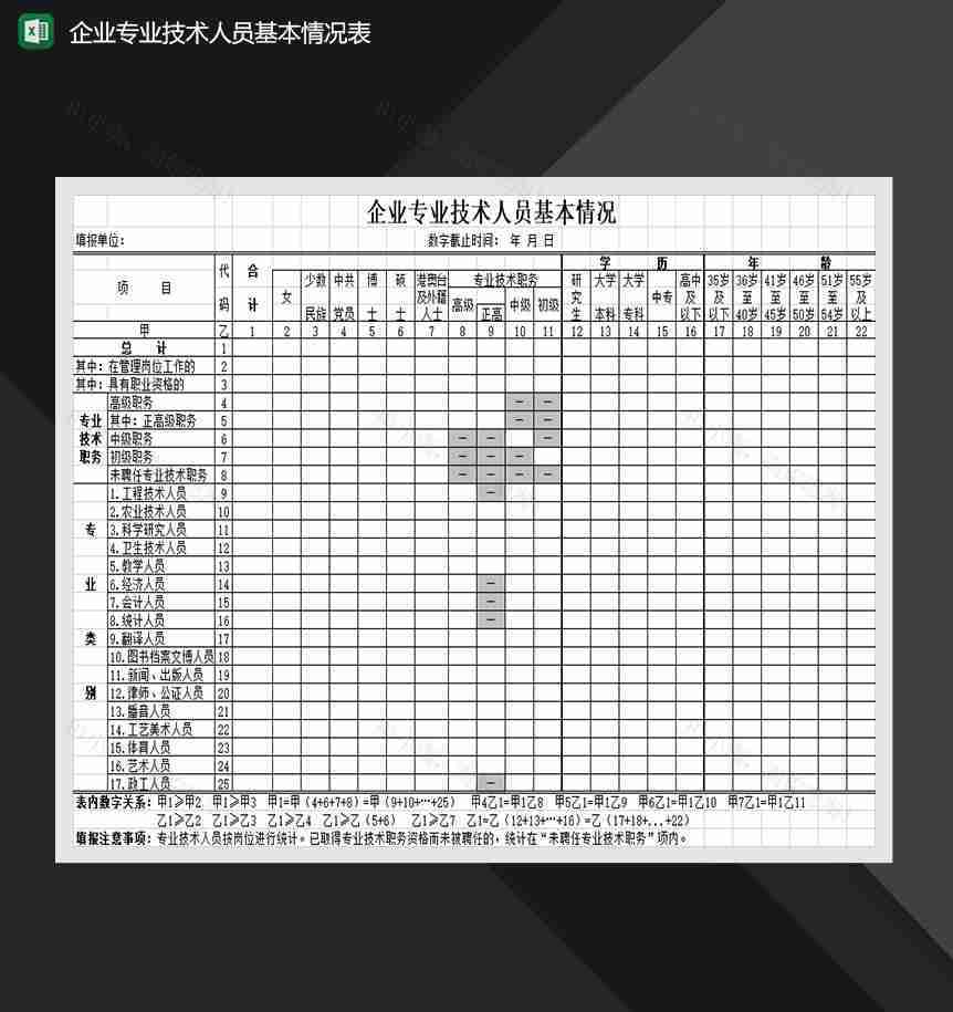 企业专业技术人员基本情况表Excel模板-1