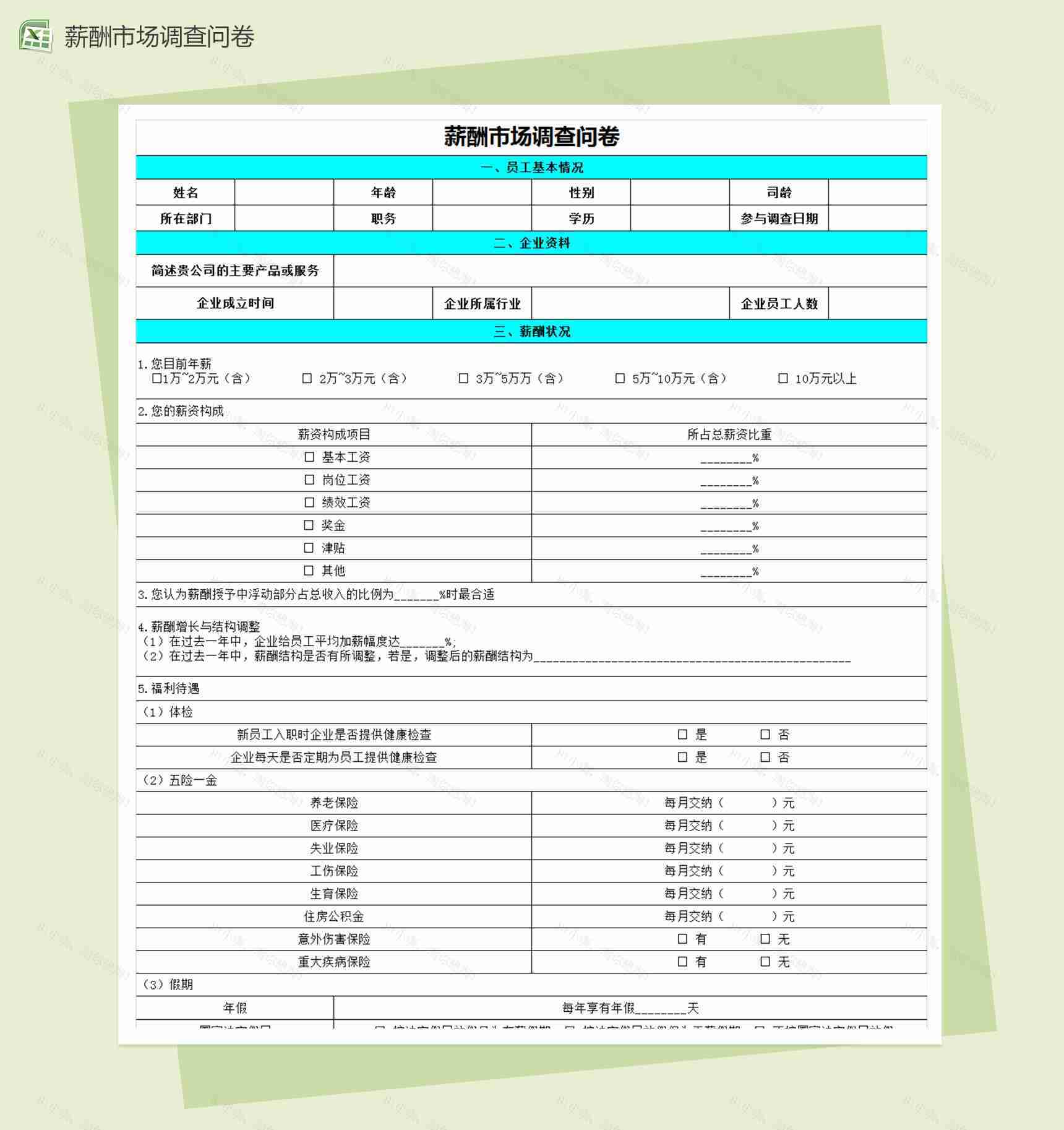 薪酬市场调查问卷excel表格模板-1