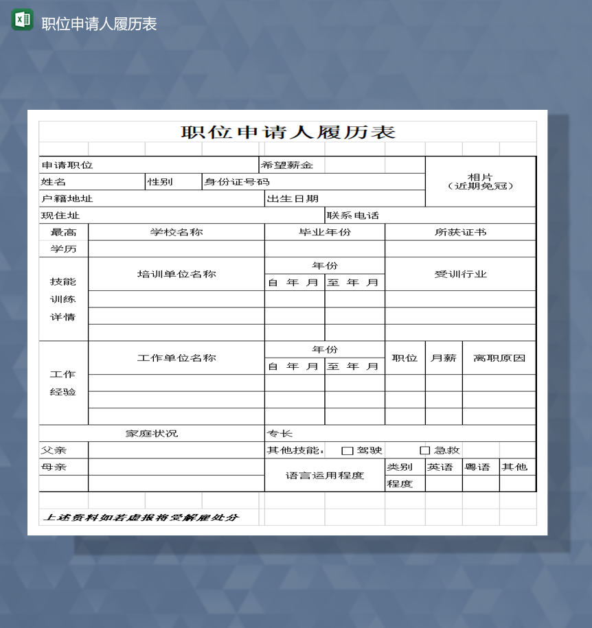 公司求职职位申请资料履历报表Excel模板