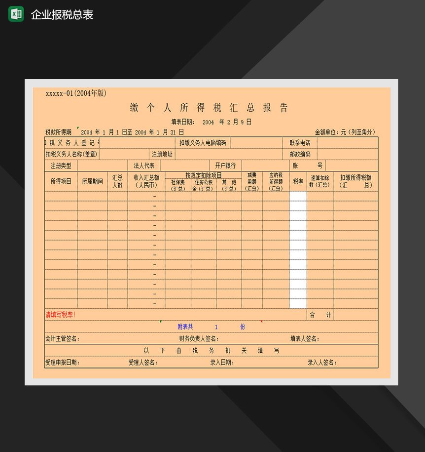 企业报税总表明细详情表模板Excel模板
