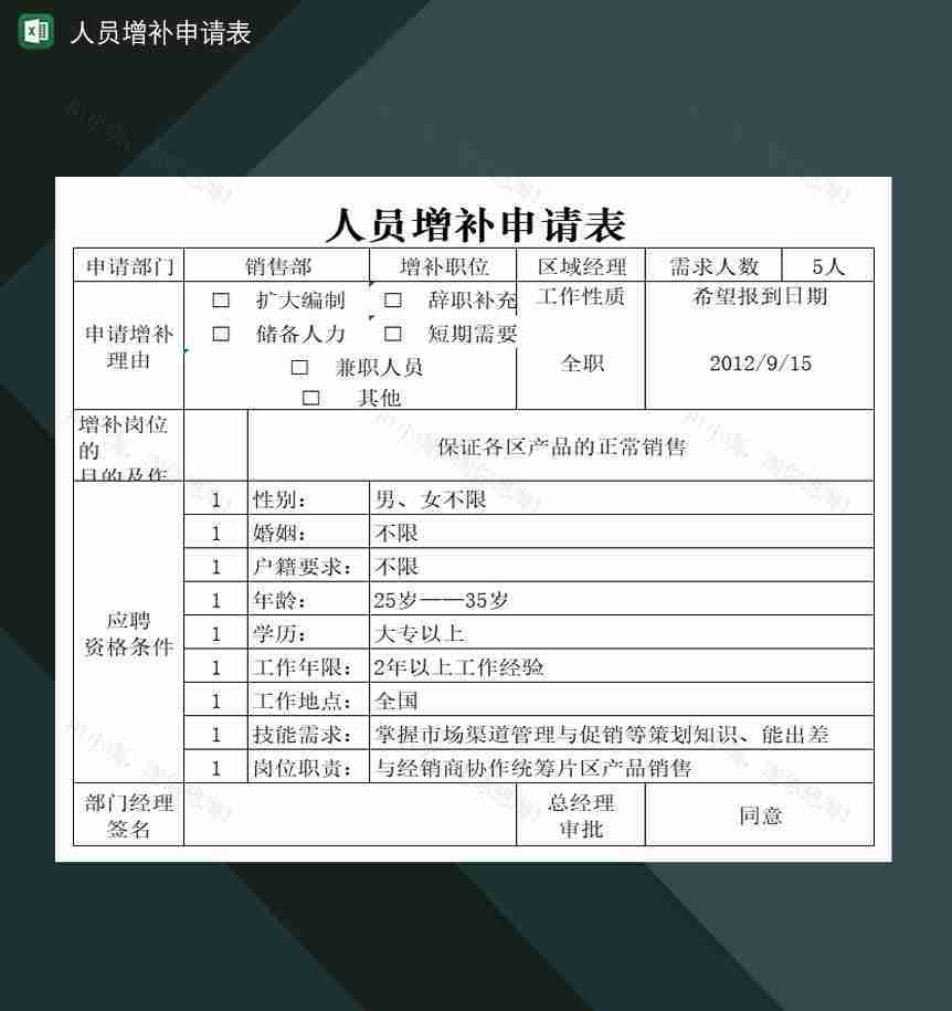 某公司某企业人员增补申请表Excel模板-1