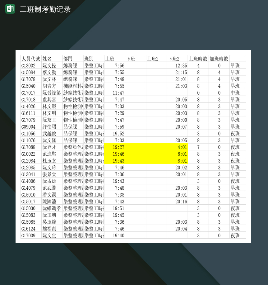 工厂公司三班制考勤记录表Excel模板