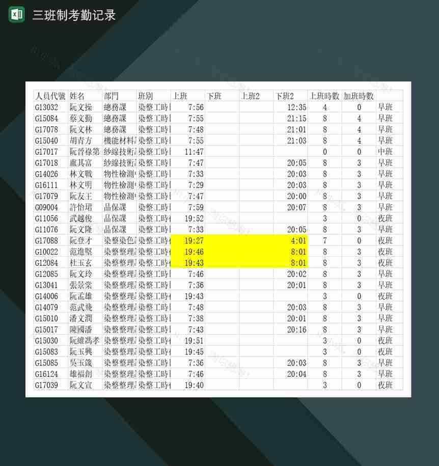 工厂公司三班制考勤记录表Excel模板-1
