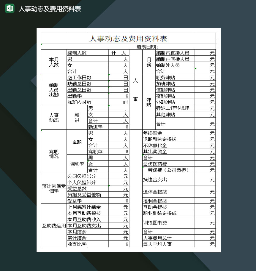 人事动态及费用资料表Excel模板