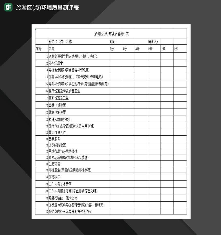 旅游区点环境质量测评表Excel模板